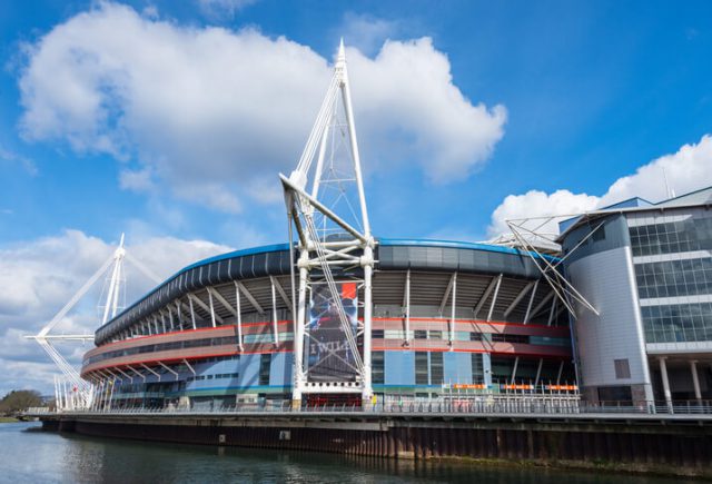 Wide angle view of the Principality Stadium, formally known as the Millennium Stadium in Cardiff, Wales, UK.