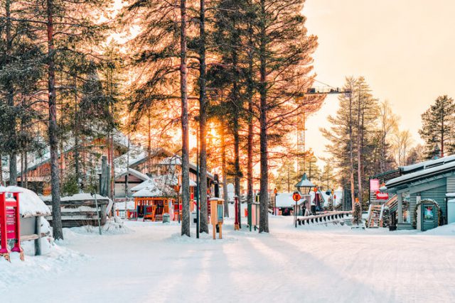 Sunset in Santa Claus Village in Rovaniemi in Lapland in Finland.