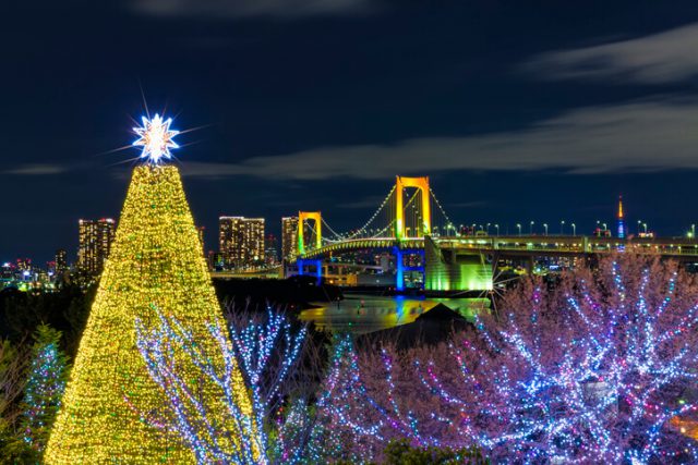 Rainbow Bridge during the Christmas and New Year illuminations in Odaiba, Tokyo.