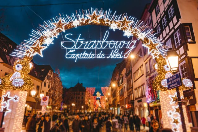 Entrance gate to the start of main shopping street and city centre of Strasbourg in Strasbourg - Alsace, France