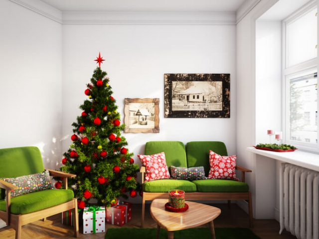 Digitally generated Christmas decorated small and cozy modern living room interior design as Christmas décor ideas