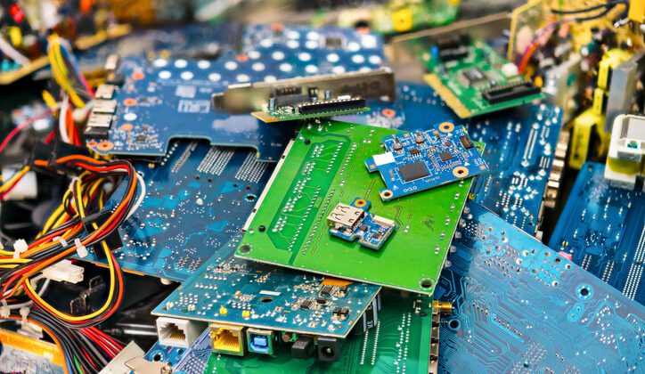 Connectors, PCB, notebook cards. Colorful blurry background from PC components. Mainboards, integrated circuit boards, UTP, USB. Idea of electronics industry, eco, sorting and disposal of electronic waste ewaste contept